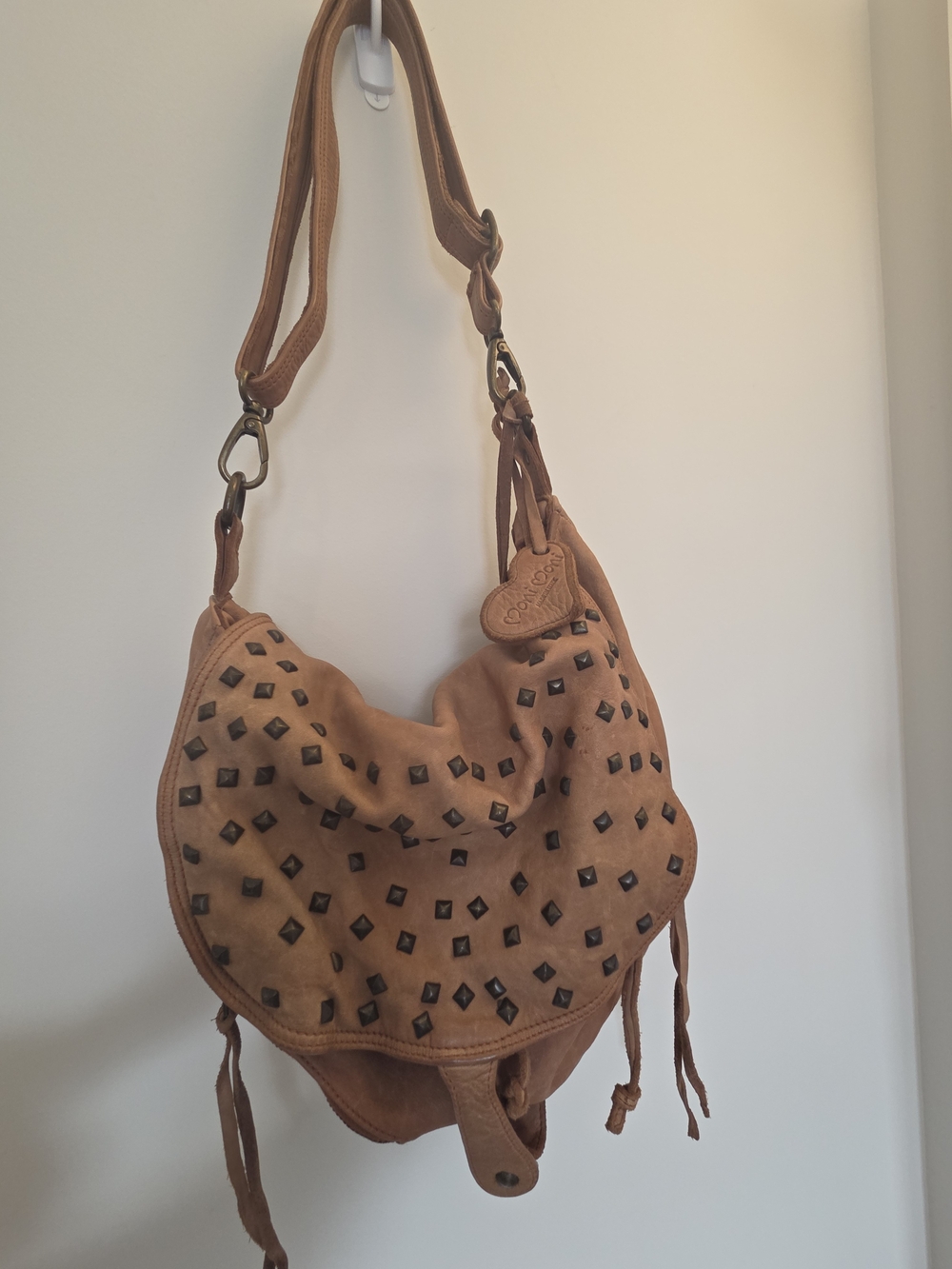 Suede Studded Hobo Shoulder Bag - Tan